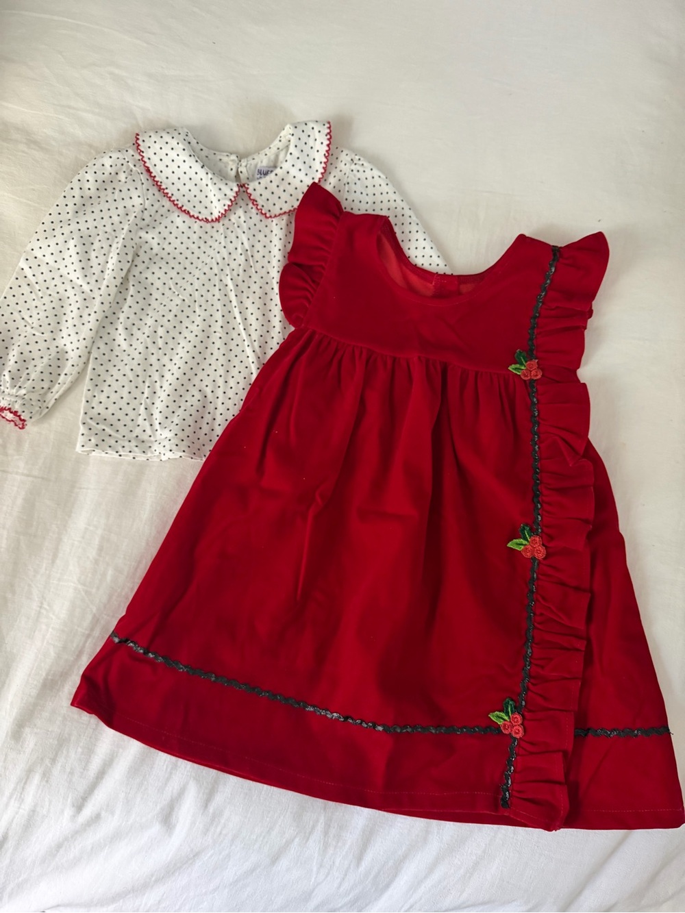 Pinafore Dress & Collared Top Set - Velvet, Ricrac, Polka Dot